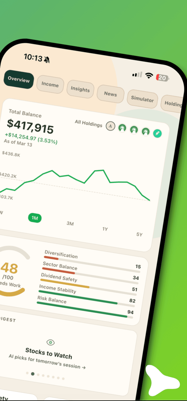 Portfolio overview — total balance, charts, and health scores